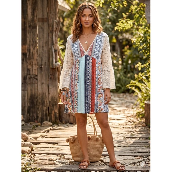 Kori Dresses & Skirts - Kori America Boho Mixed Patchwork Lace Bell Sleeve V-Neck Mini Dress Large
